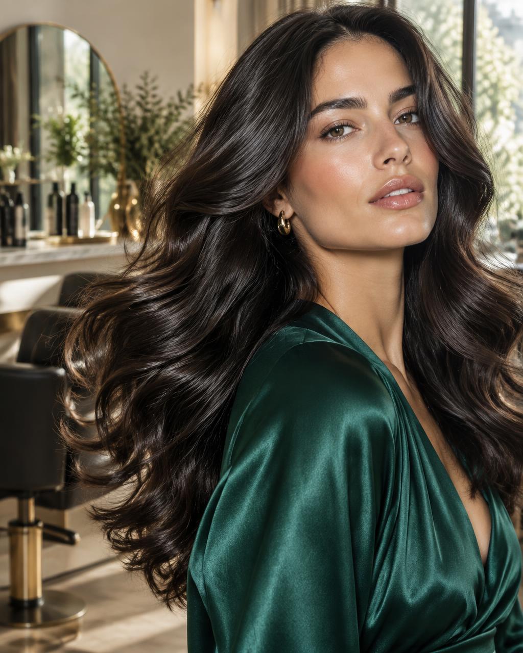 Glossy long hair styled in soft waves